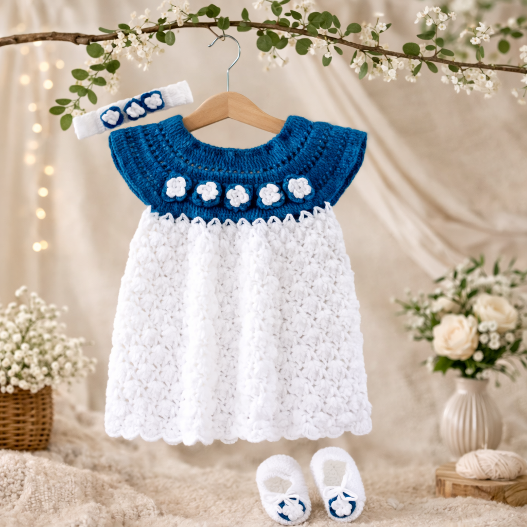Handmade Organic Cotton Azure Bloom Crochet Frock with Hairband and booties
