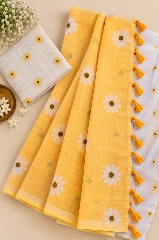 Yellow White Floral Linen Cotton Saree with Blouse Piece