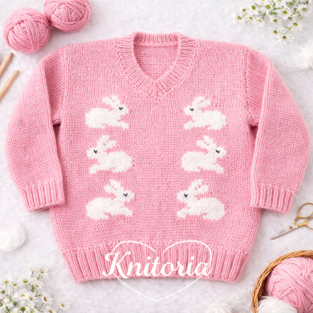 Handmade Bunny Knit Baby Sweater – Soft Wool/Cotton