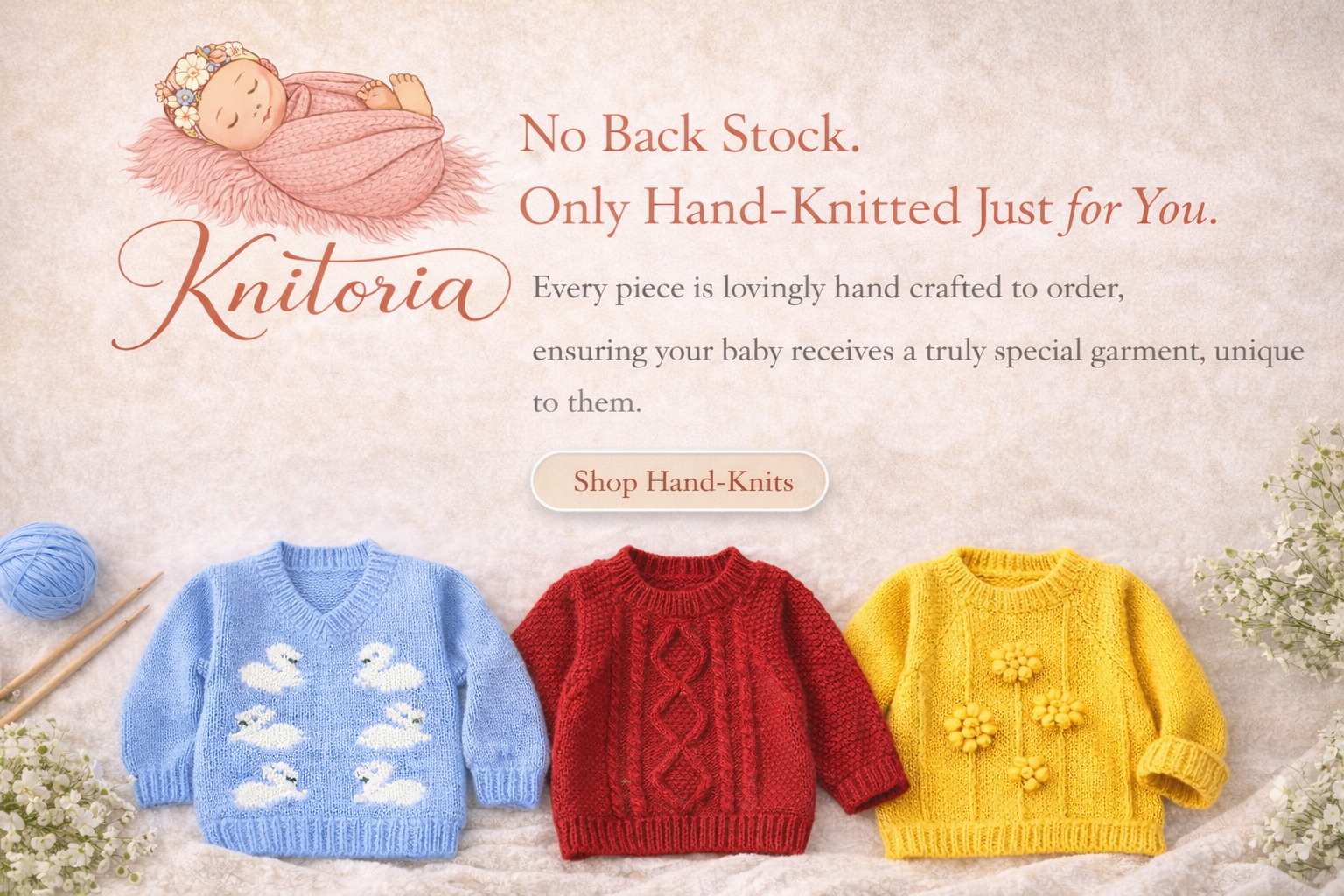 Knitted baby sweaters with promotional text for Knitoria on a soft background.