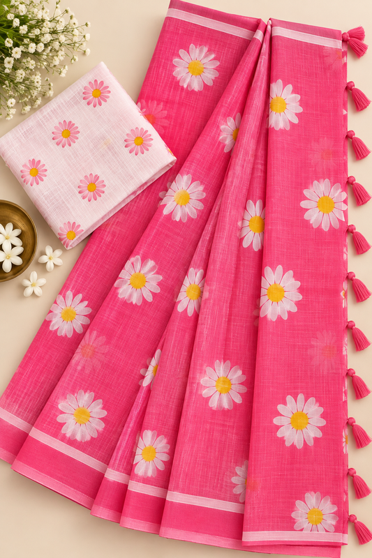 Pink White Floral Linen Cotton Saree with Blouse Piece